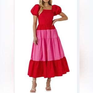 English Factory Red and Pink Tiered Dress Size S